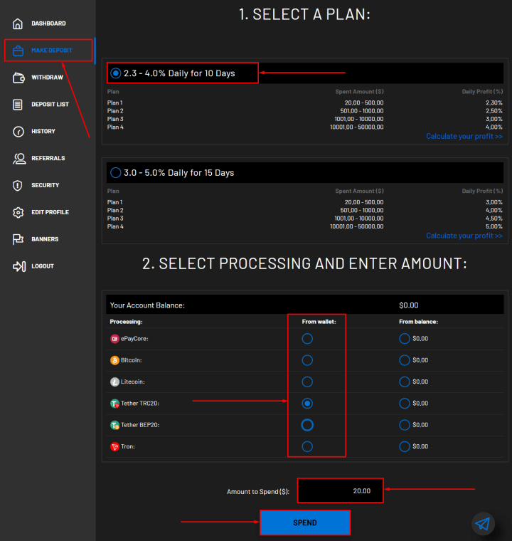 Creating a deposit in the ActiveFinance project