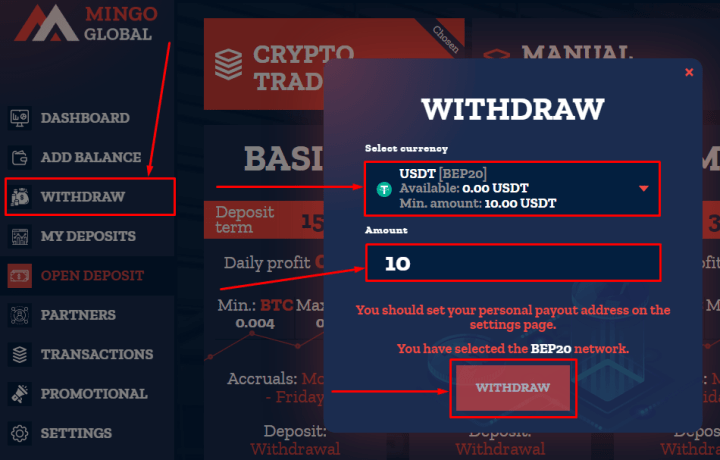 Withdrawal of funds in the Mingo Global project