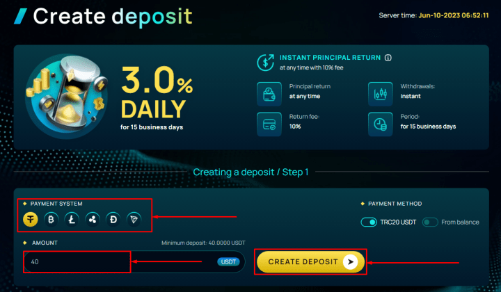 Создание депозита в проекте Castalt