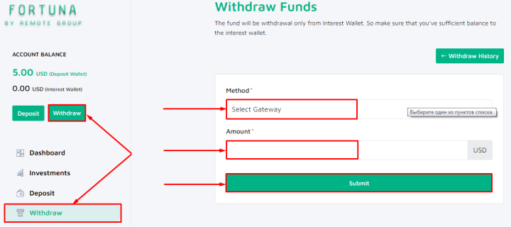 Withdrawal of funds in the Join Fortuna project