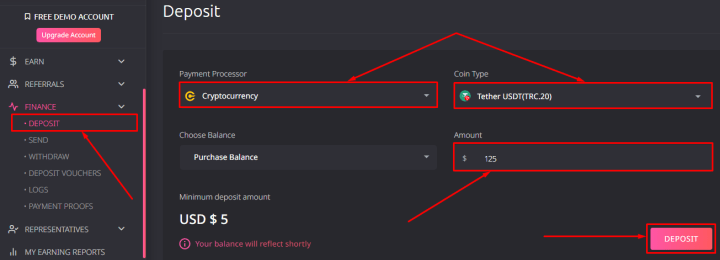 Replenishment of balance in the PaidReels project