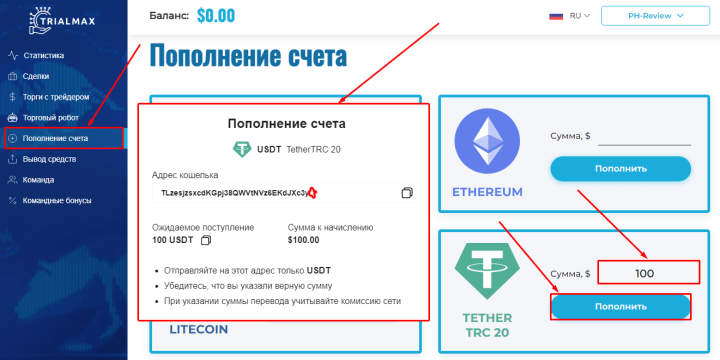 Пополнение баланса в проекте TrialMax