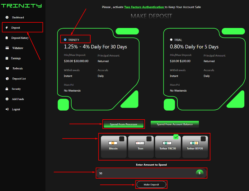 Creating a deposit in the TrinityAI project