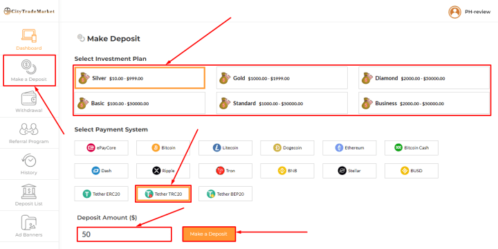 Создание депозита в проекте CityTradeMarket