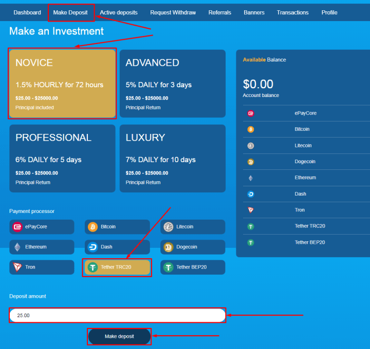 Создание депозита в проекте Joms