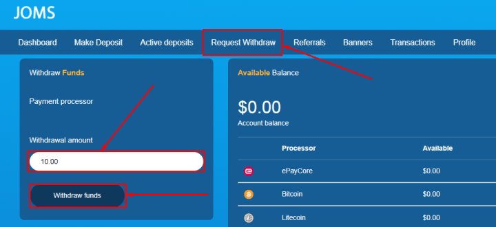 Withdrawal of funds in the Joms project