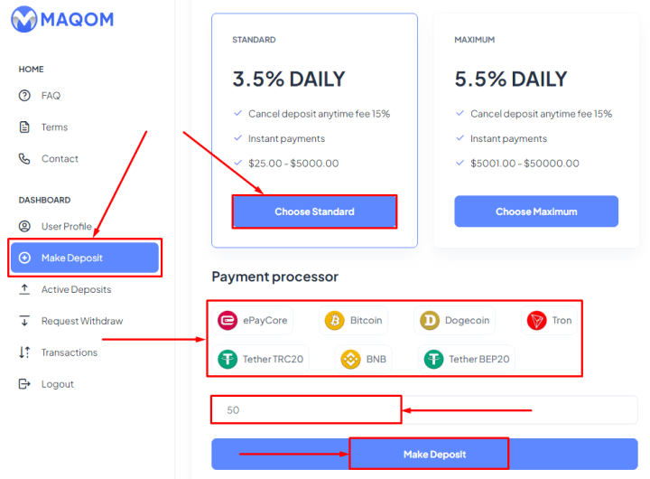 Создание депозита в проекте Maqom