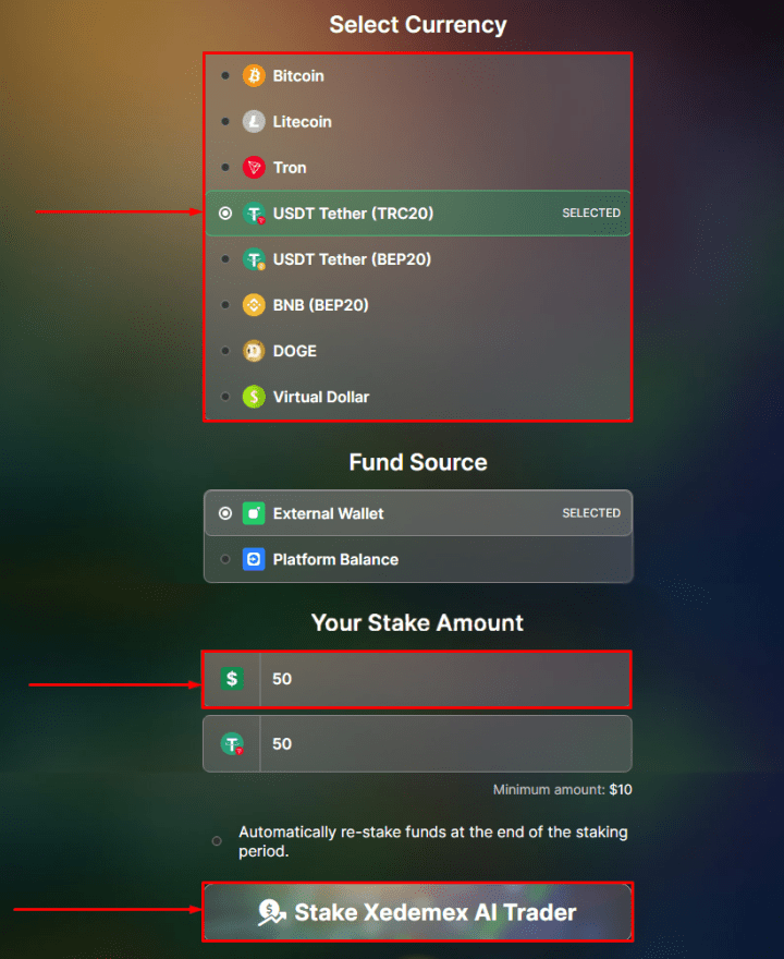 Создание депозита в проекте Xedmex