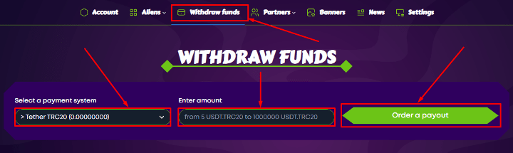 Withdrawal of funds in the Alien-Limited project