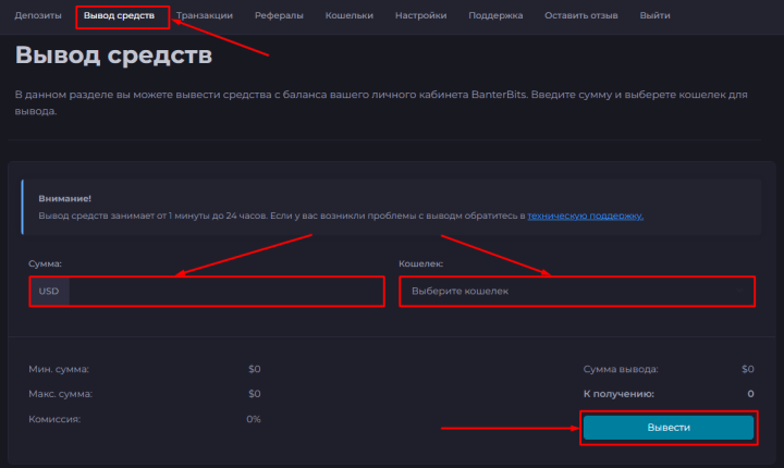 Вывод средств в проекте BanterBits