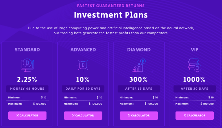 Investment plans of the Bit Lotto project