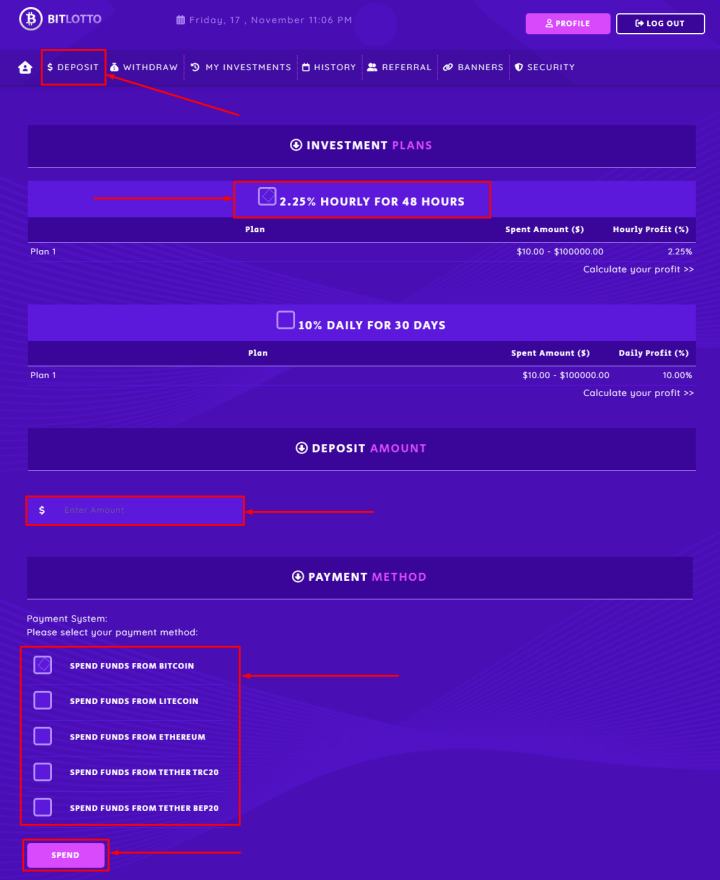 Erstellen einer Einzahlung im Bit Lotto-Projekt