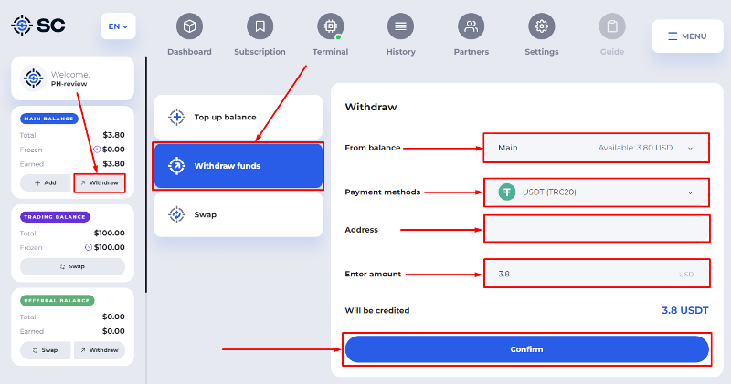 Withdrawal of funds in the Snipers Codes project