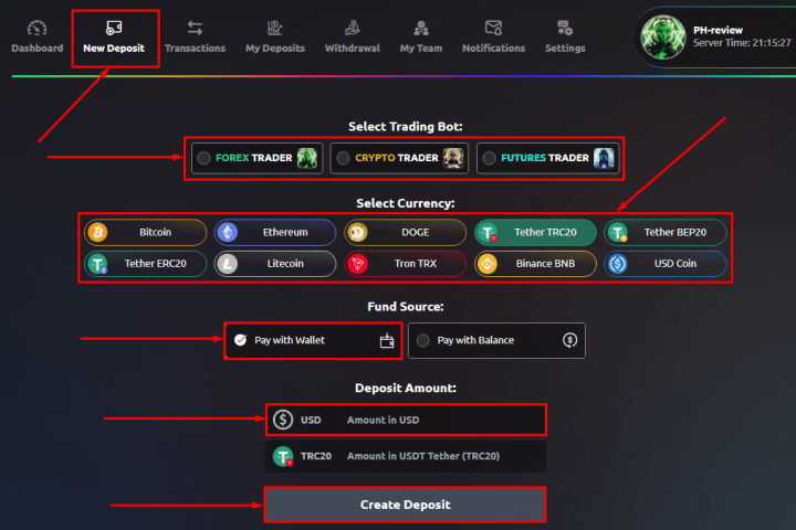 Creating a deposit in the Binabux project