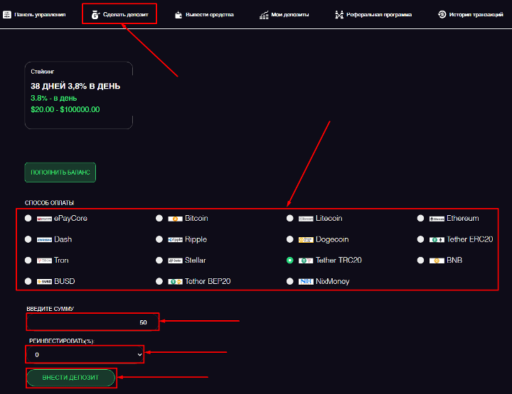 Vytvoření vkladu v projektu EvoCoin