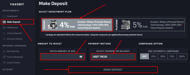 Creating a deposit in the Faxobit project