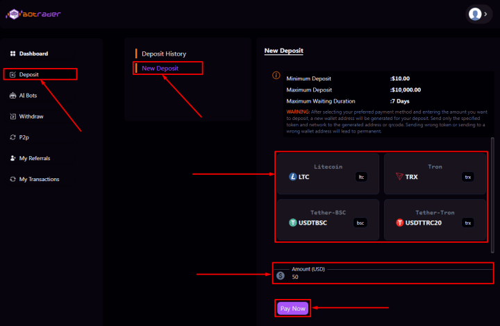 Recharger votre solde dans le projet BoTrader