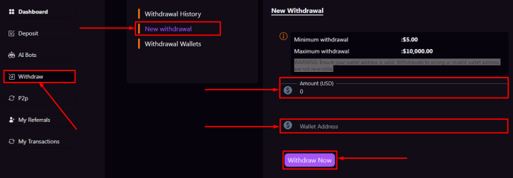 Withdrawal of funds in the BoTrader project