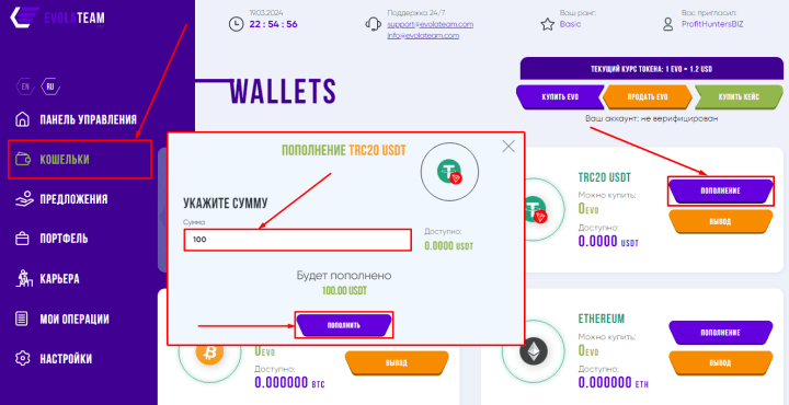 Nạp tiền vào số dư của bạn trong dự án EvolaTeam