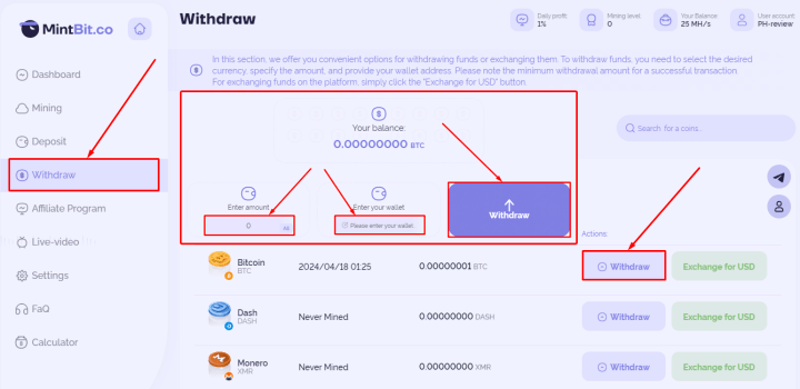 Withdrawal of funds in the MintBit project