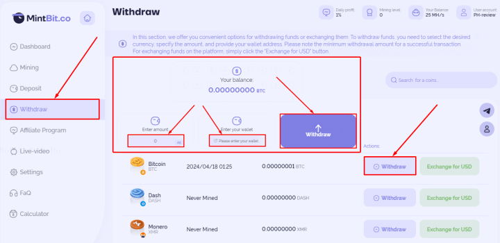 Вывод средств в проекте MintBit