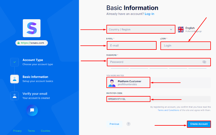 Регистрация в проекте Svuex