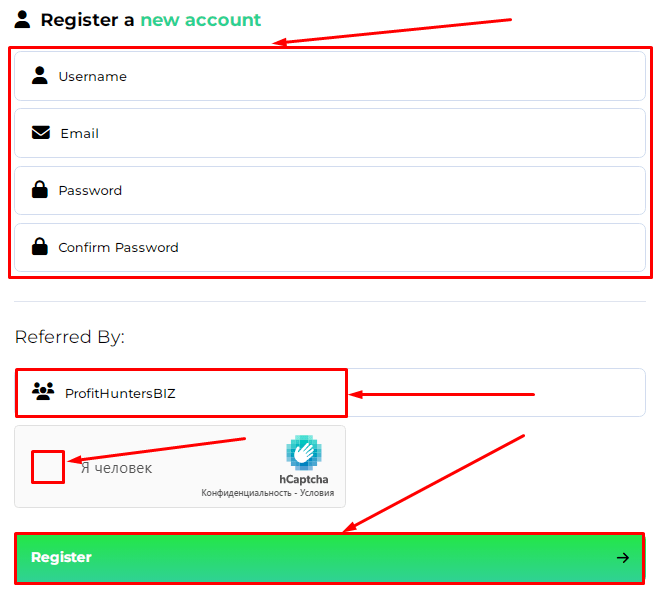 Регистрация в проекте Monezy