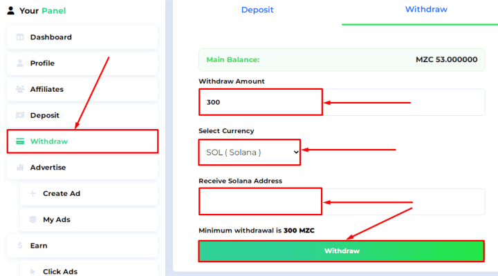 Вывод средств в проекте Monezy