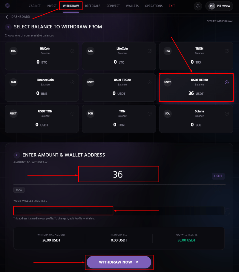 Вывод средств в проекте BlueMeta