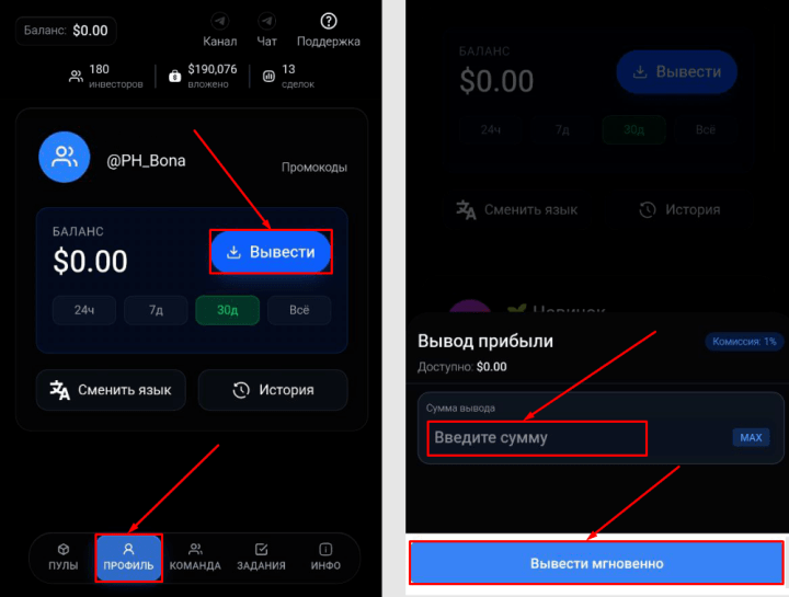 Вывод средств в проекте Syntra