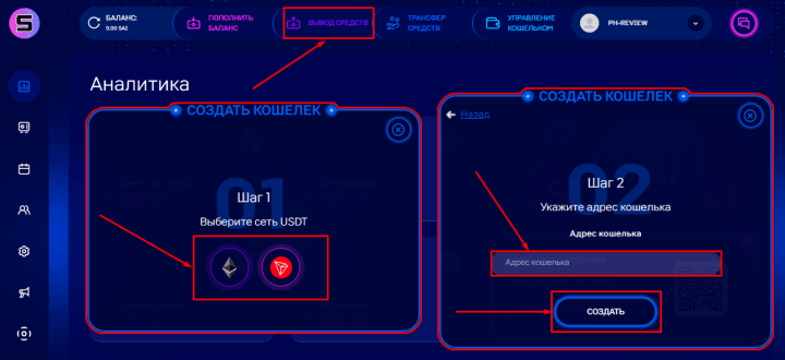 Вывод средств в проекте Sairus